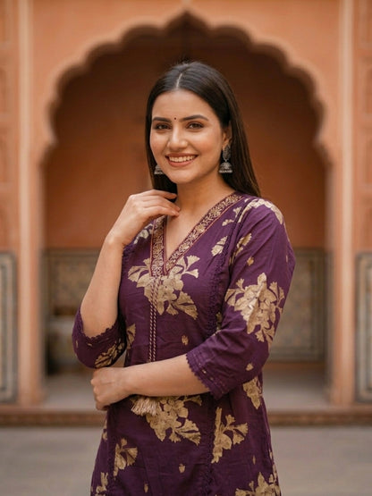 Floral Printed & Embroidered A-Line Kurta with Pant & Dupatta - Deep Purple