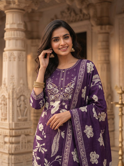 Floral Embroidered A-Line Cotton Kurta with Pant & Printed Voile Dupatta - Purple