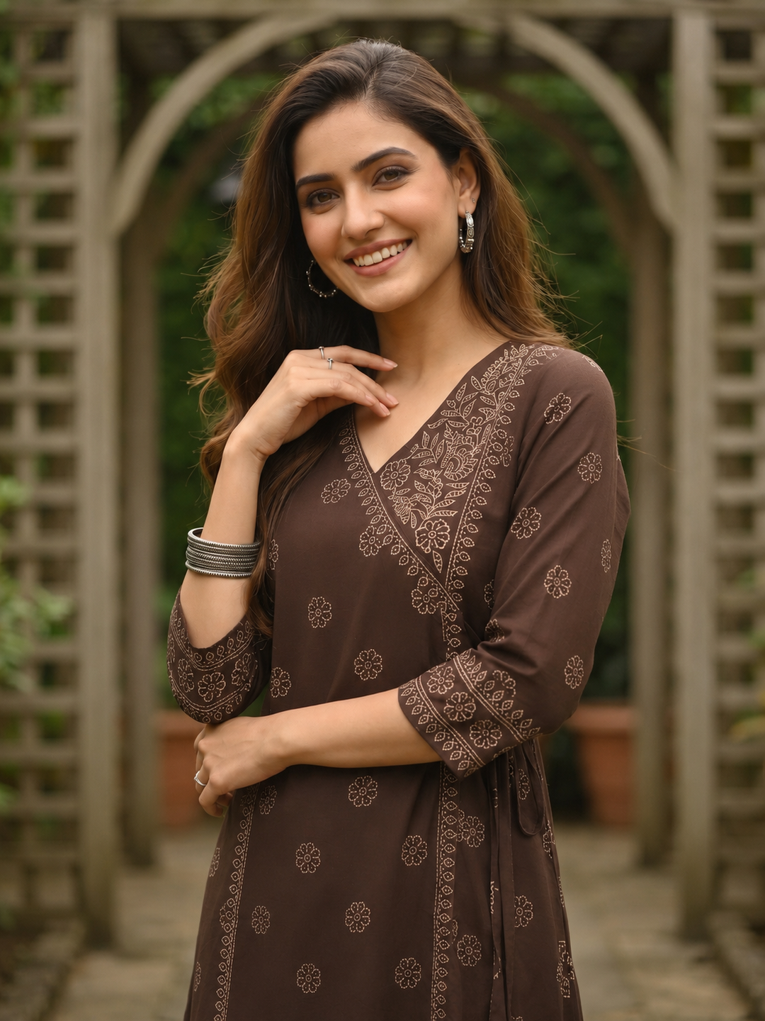 Coffee Brown Bandhani Printed Embroidered Anarkali with Palazzo & Dupatta