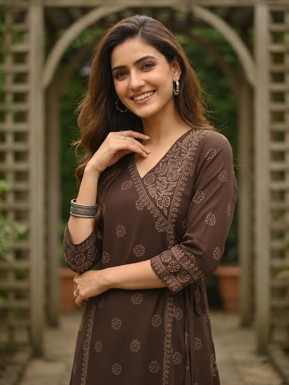 Coffee Brown Bandhani Printed Embroidered Anarkali with Palazzo & Dupatta