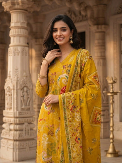 Floral Jaal Printed Straight Kurta with Pyjama & Dupatta - Mustard