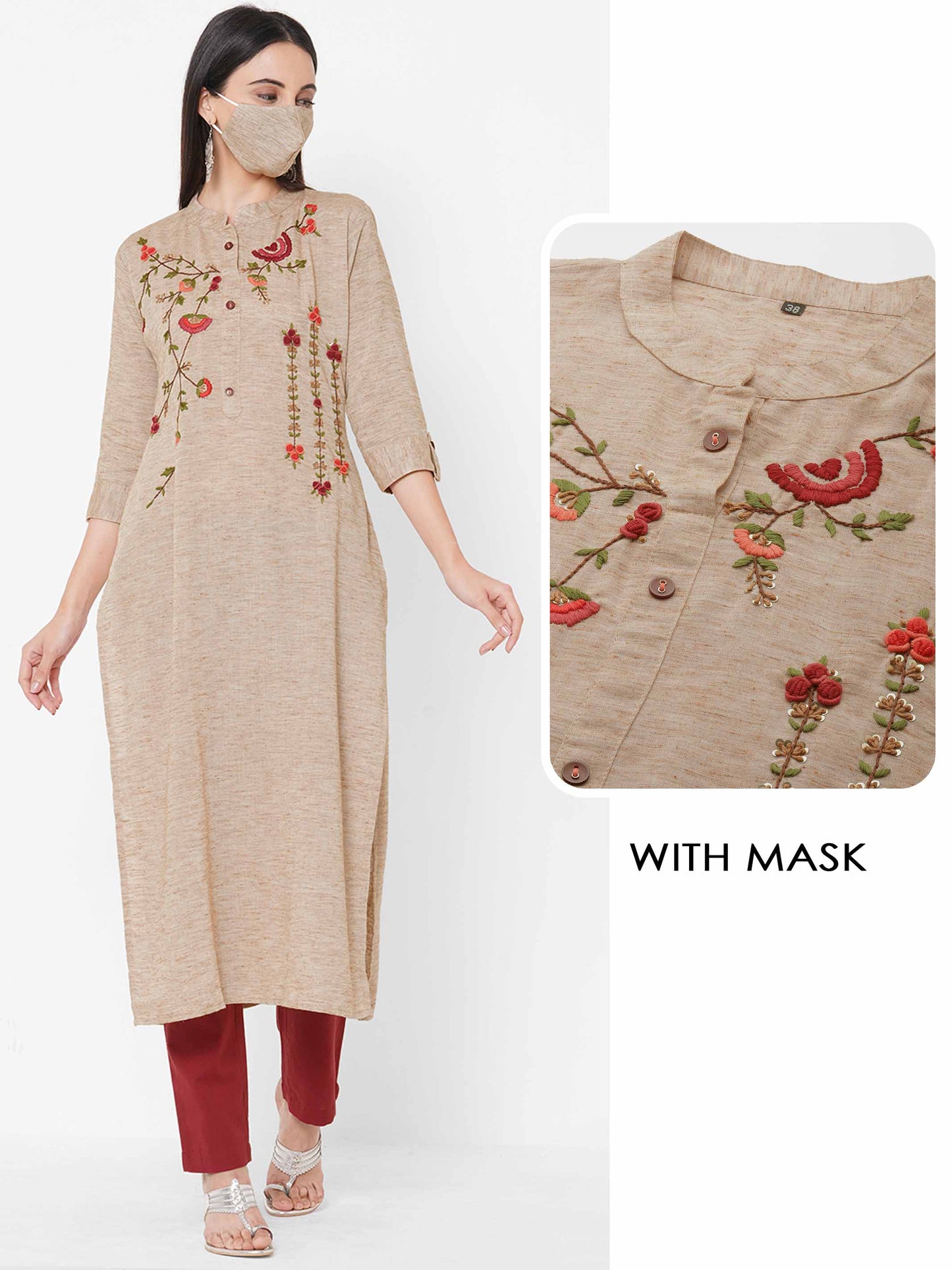Floral Embroidered straight Kurta with 2-Ply Mask - Beige