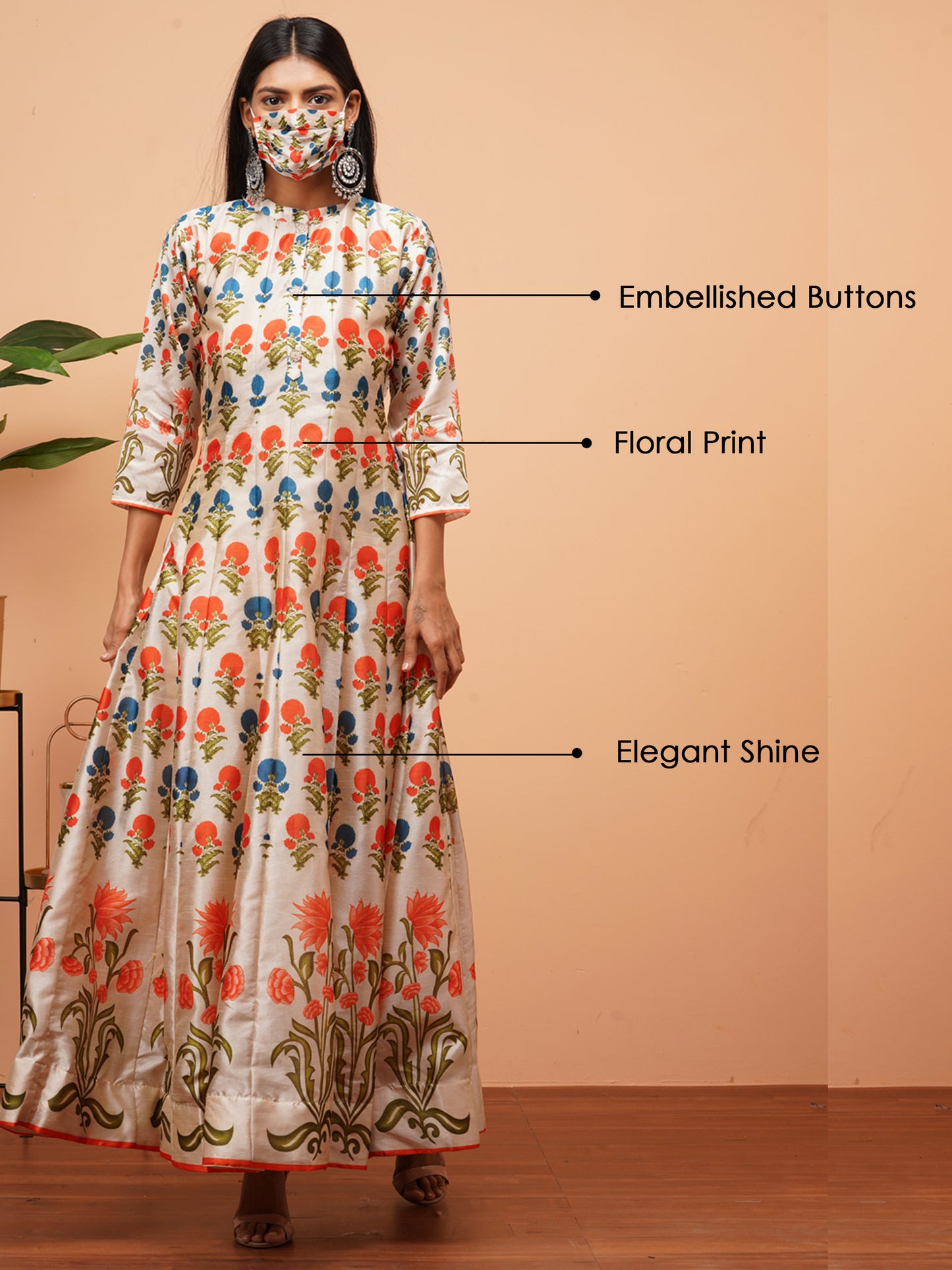 Floral Printed Paneled Flare Maxi Dress with 2-Ply Mask - Cream