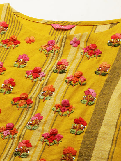 Floral Hand Embroidered & Striped Straight Kurta - Mustard