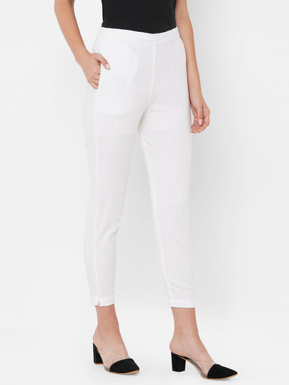 Woven Striped Solid Lycra Pant - White