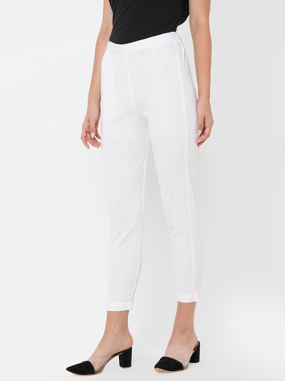 Woven Striped Solid Lycra Pant - White