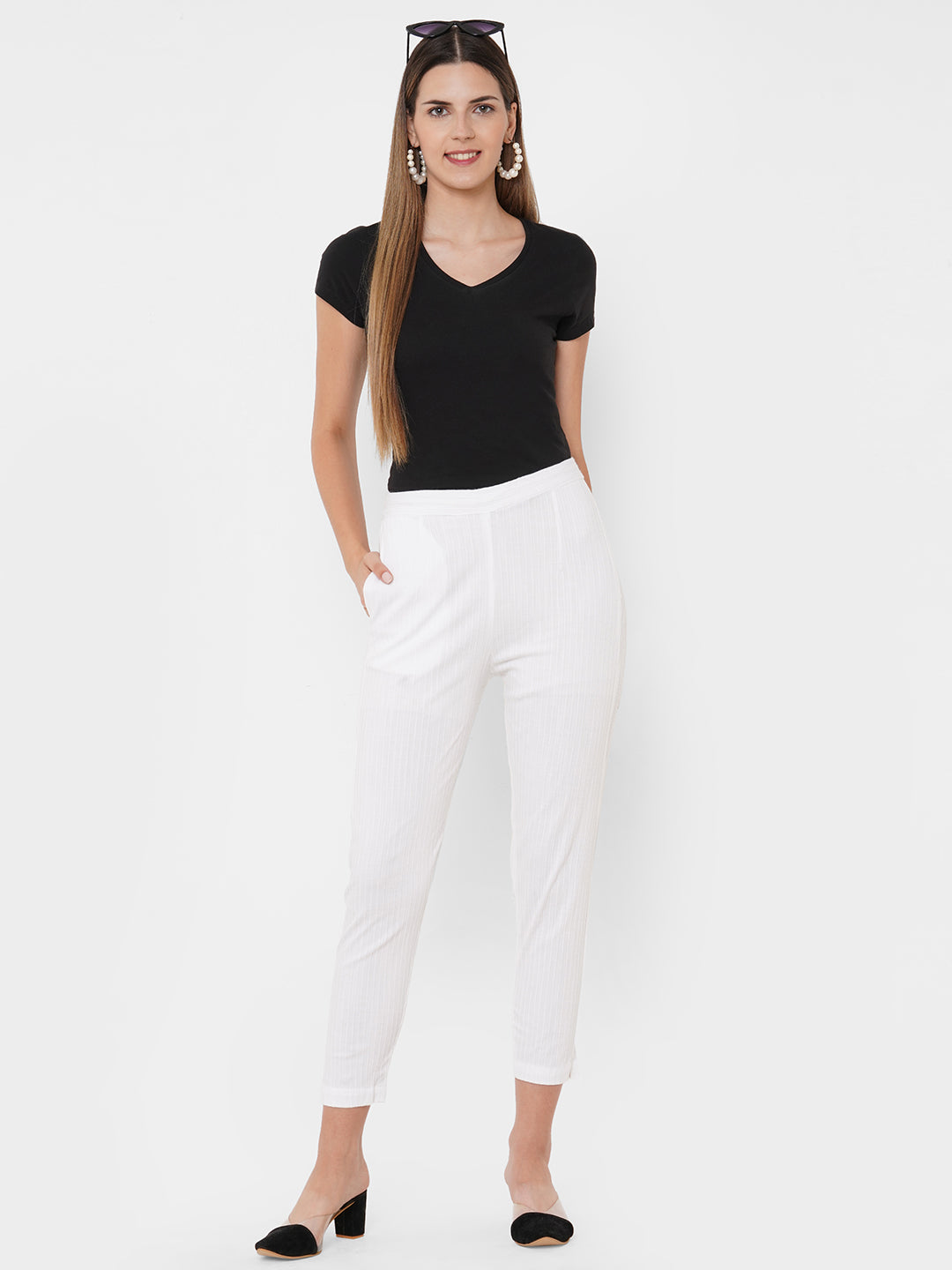 Woven Striped Solid Lycra Pant - White