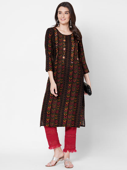 Dense kantha Printed & Hand Embroidered Kurta - Black