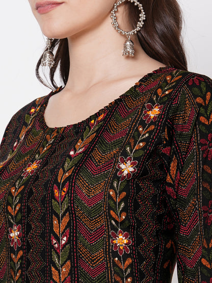 Dense kantha Printed & Hand Embroidered Kurta - Black