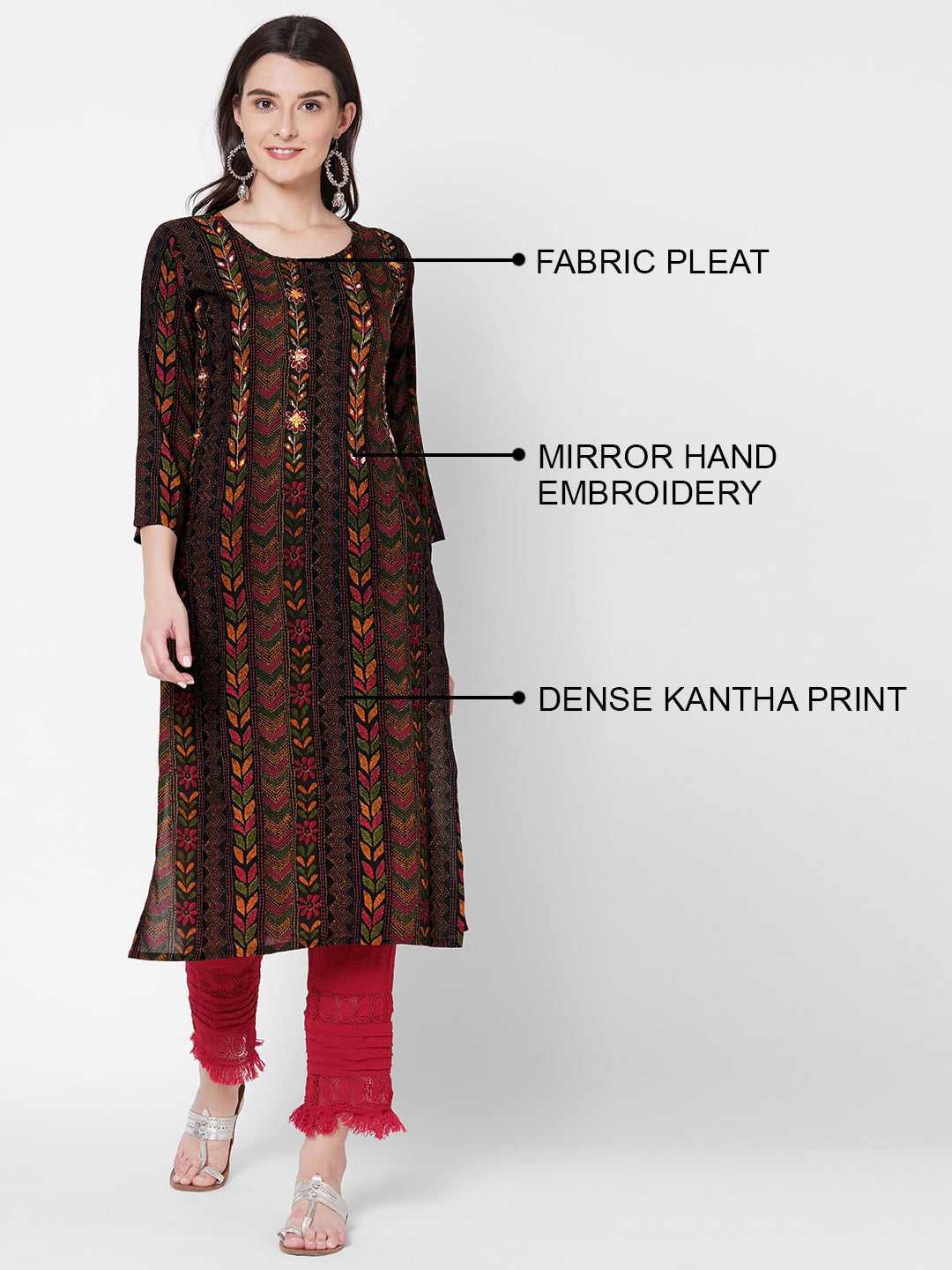 Dense kantha Printed & Hand Embroidered Kurta - Black