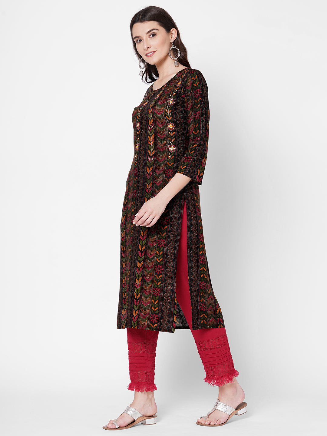 Dense kantha Printed & Hand Embroidered Kurta - Black