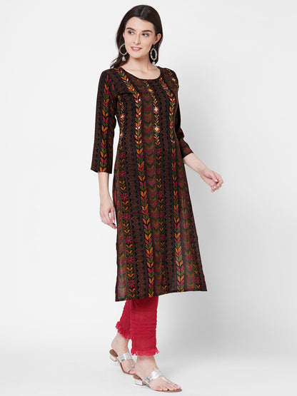 Dense kantha Printed & Hand Embroidered Kurta - Black