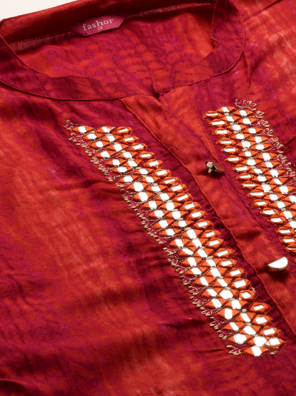 Tie-Dye Printed & Hand Embroidered Straight Kurta - Red