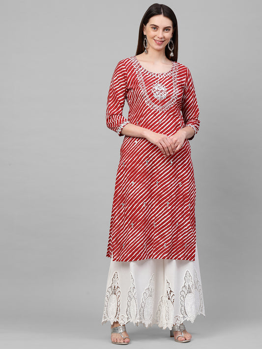 Leheriya Printed & Mirror Embroidered Kurta – Red