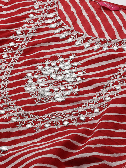 Leheriya Printed & Mirror Embroidered Kurta – Red