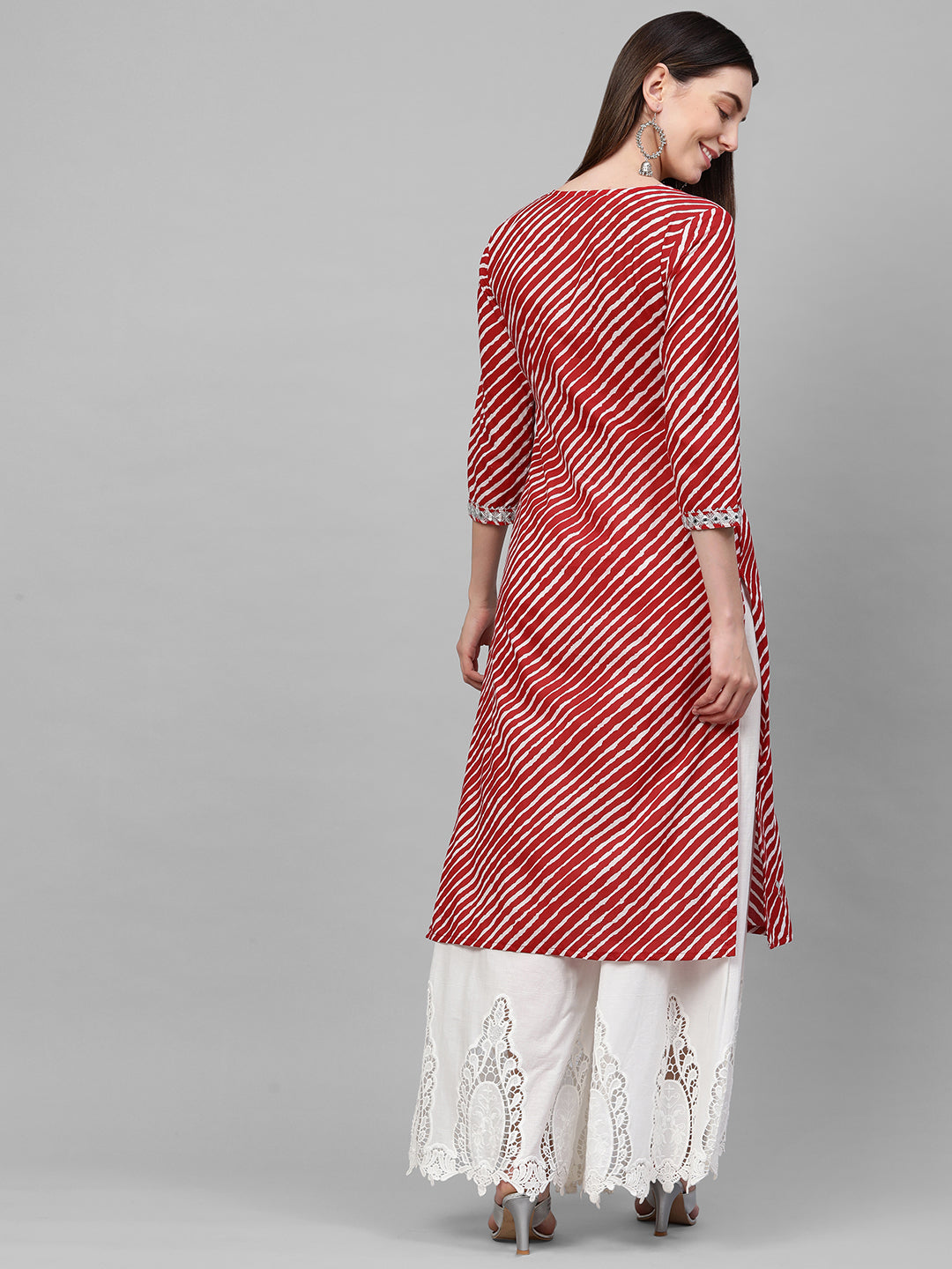 Leheriya Printed & Mirror Embroidered Kurta – Red