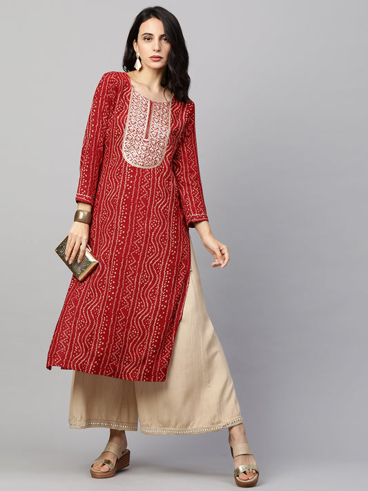 Bandhani Printed & Sequin Embroidered Straight Kurta - Red