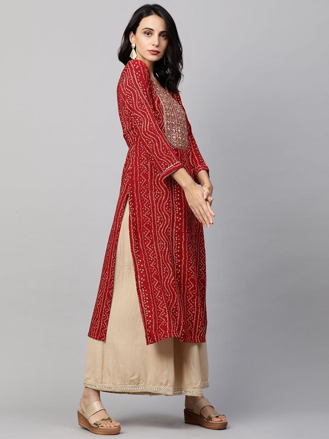 Bandhani Printed & Sequin Embroidered Straight Kurta - Red