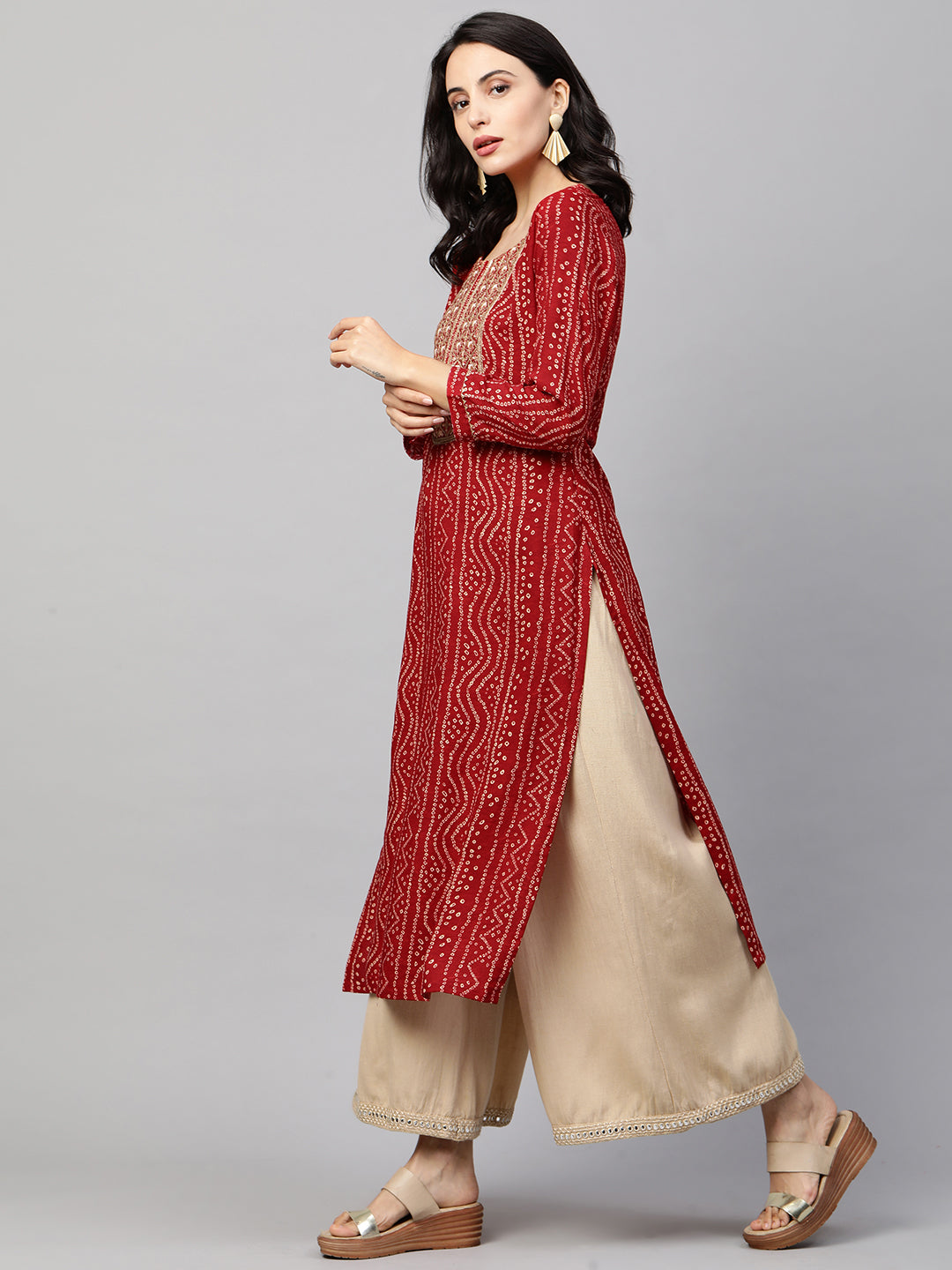 Bandhani Printed & Sequin Embroidered Straight Kurta - Red