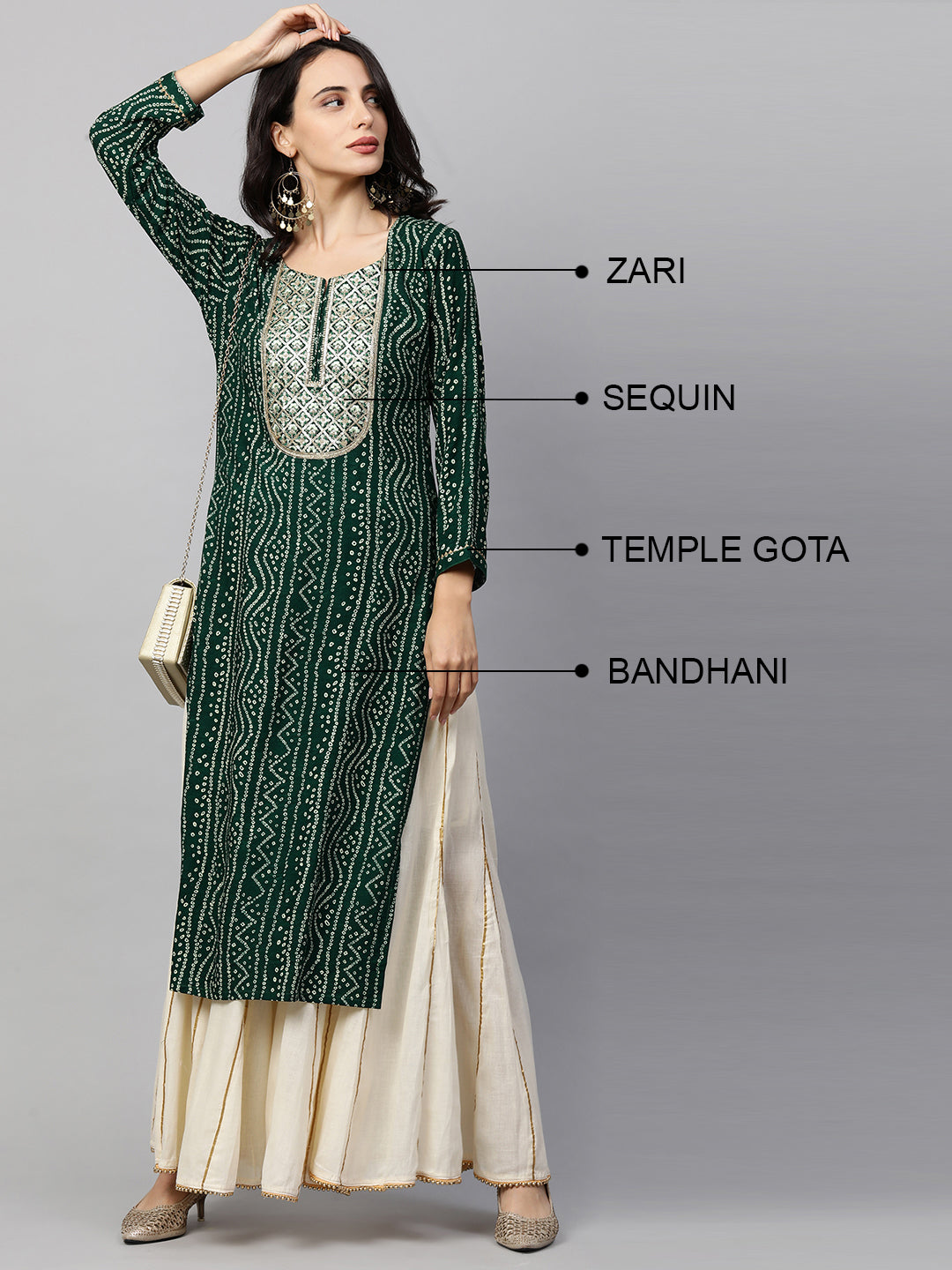 Bandhani Printed & Sequin Embroidered Straight Kurta - Emerald Green