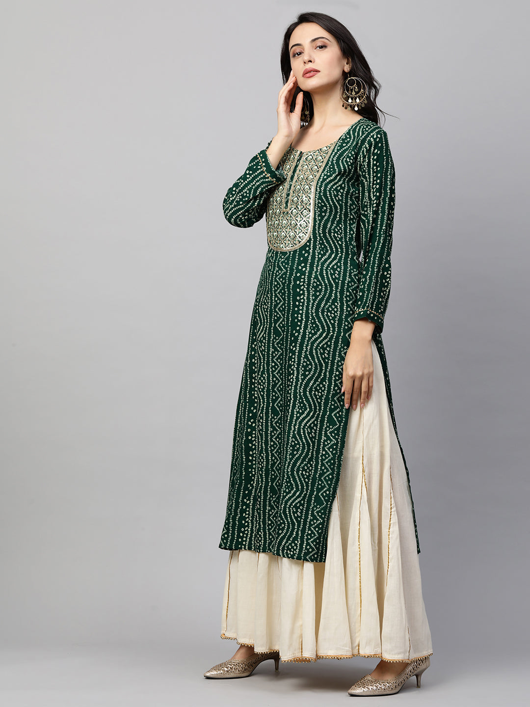 Bandhani Printed & Sequin Embroidered Straight Kurta - Emerald Green
