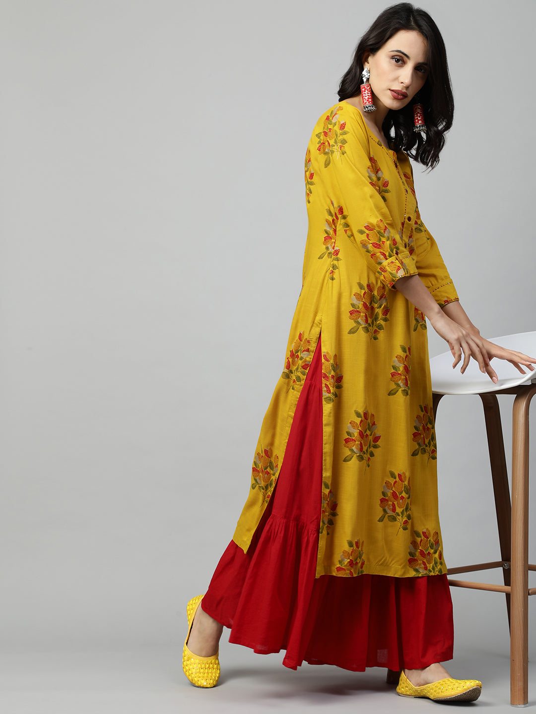 Ethnic Floral Printed & Kantha Embroidered Straight Kurta - Mustard