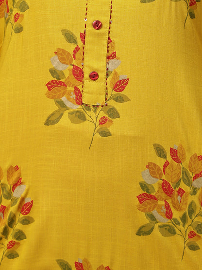 Ethnic Floral Printed & Kantha Embroidered Straight Kurta - Mustard