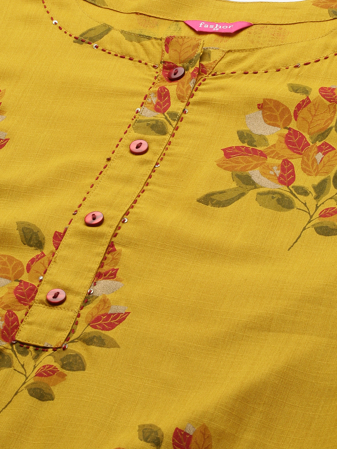 Ethnic Floral Printed & Kantha Embroidered Straight Kurta - Mustard