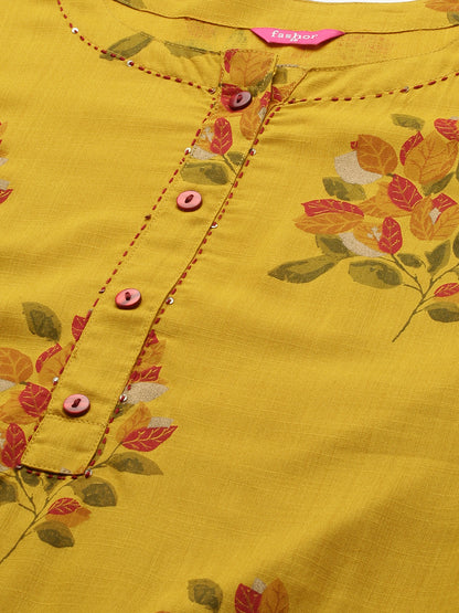 Ethnic Floral Printed & Kantha Embroidered Straight Kurta - Mustard