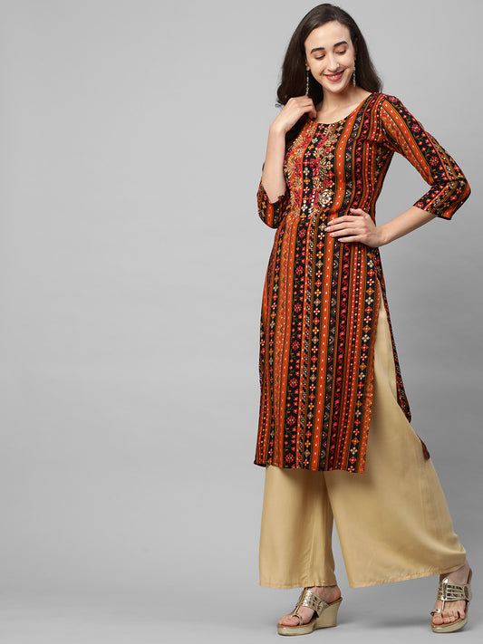 Ethnic Mix Printed & Mirror Embroidered Straight Kurta - Multi