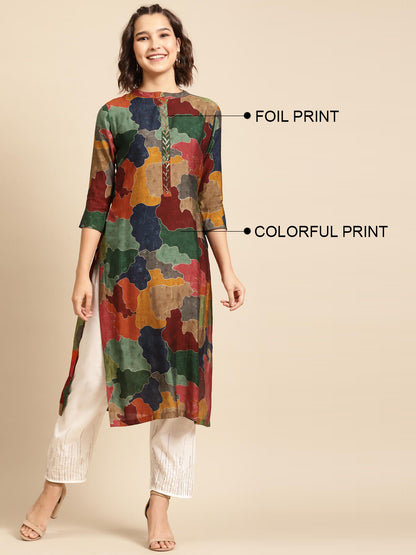Colorful Printed & Embellished Straight Kurta – Multi
