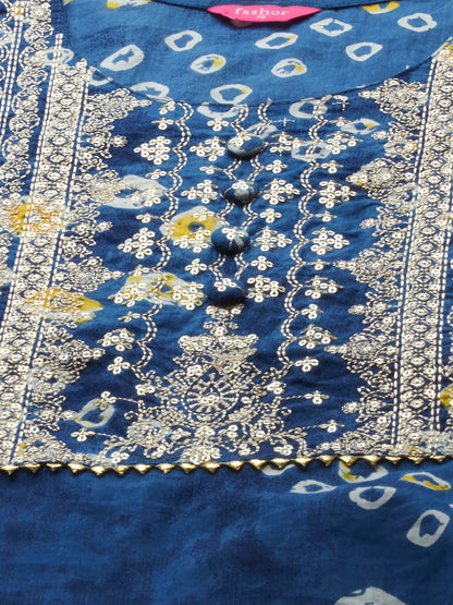 Bandhani Print & Sequins Embroidered Straight Kurta - Blue