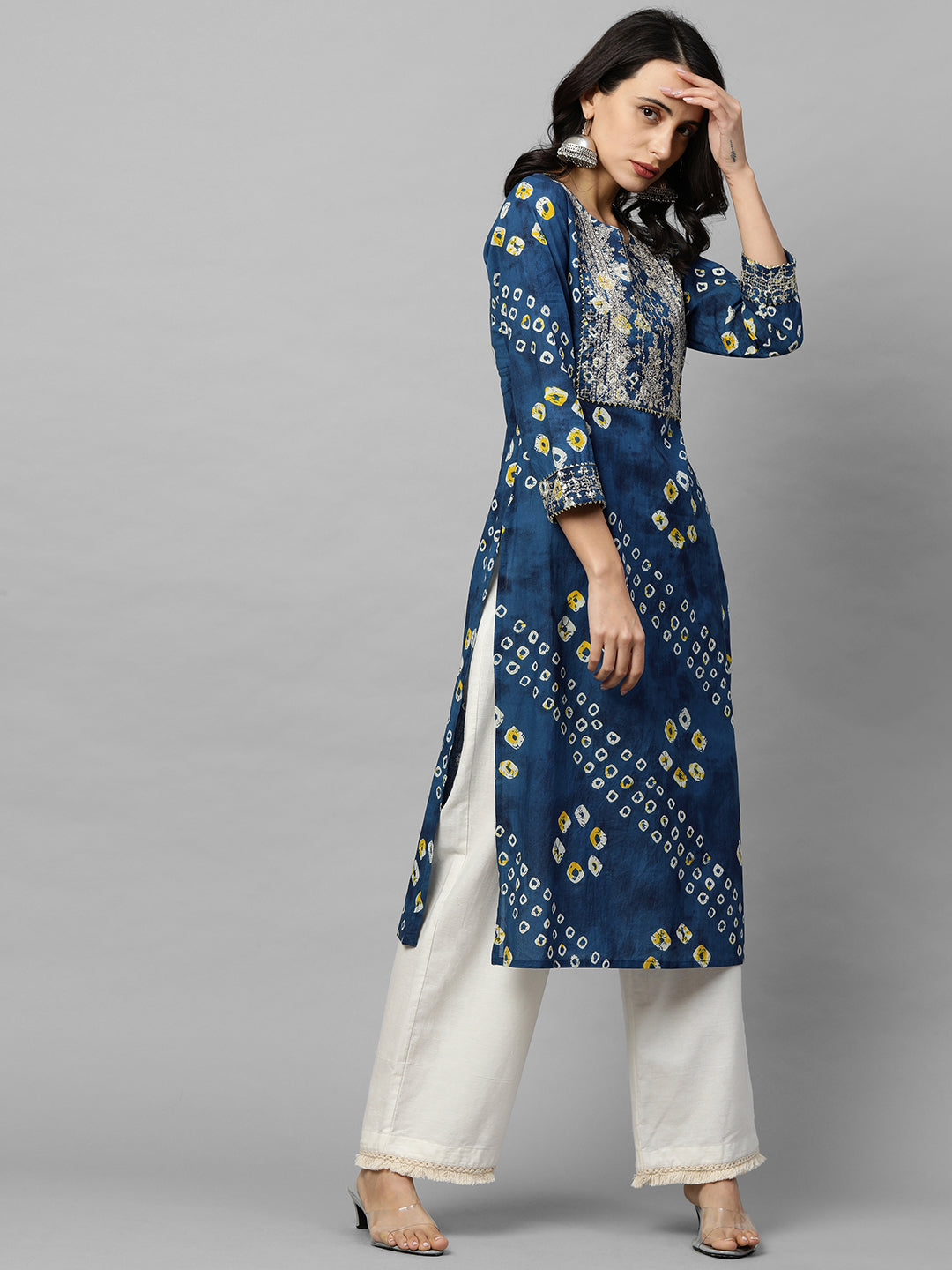 Bandhani Print & Sequins Embroidered Straight Kurta - Blue