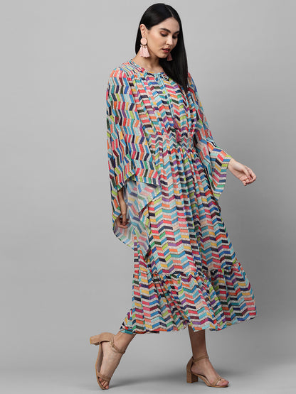 Colorful Printed Kaftan Style Maxi Dress - Multi