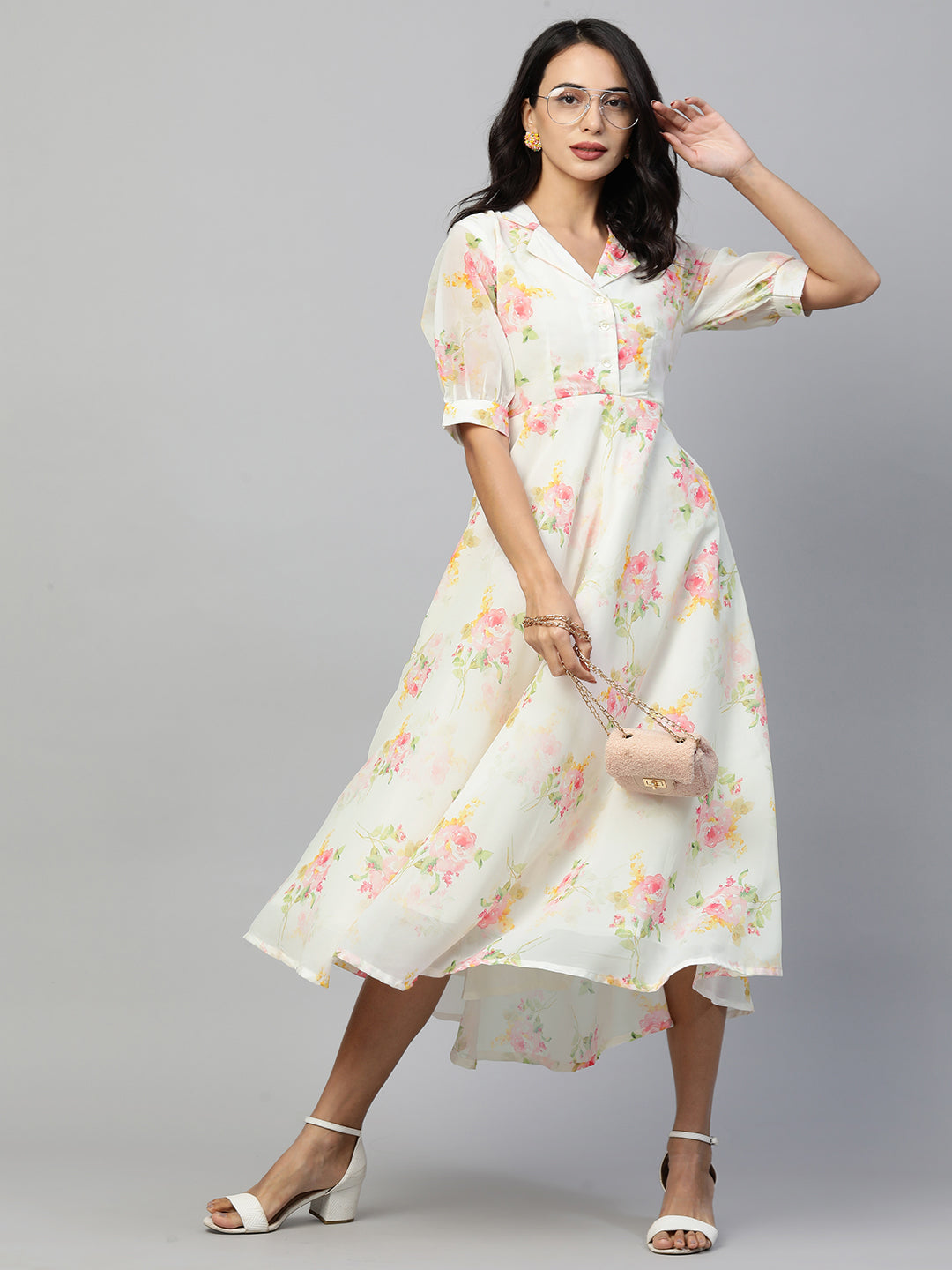 Vintage Floral Printed Georgette Flare Maxi - White