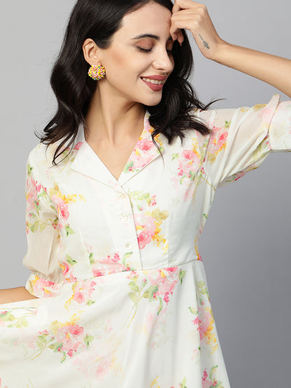 Vintage Floral Printed Georgette Flare Maxi - White