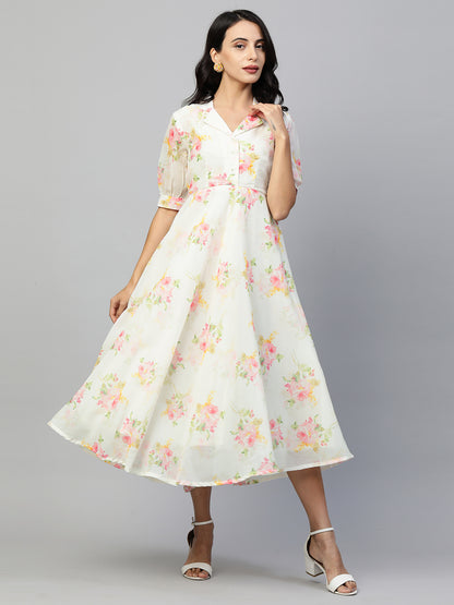 Vintage Floral Printed Georgette Flare Maxi - White