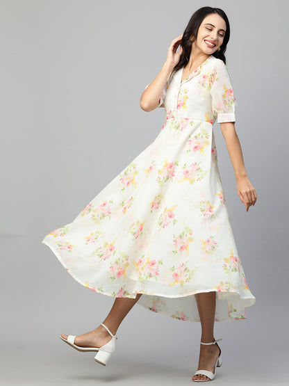 Vintage Floral Printed Georgette Flare Maxi - White