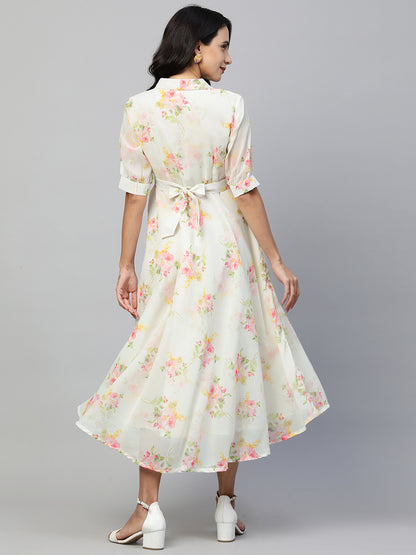 Vintage Floral Printed Georgette Flare Maxi - White