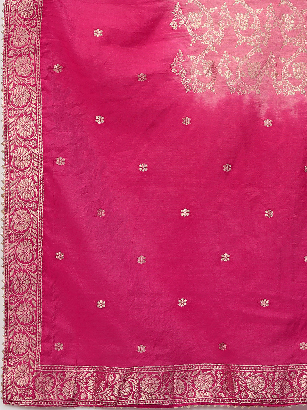 Festive Zari Embroidered Kurta with Banarasi Dupatta - Rani Pink