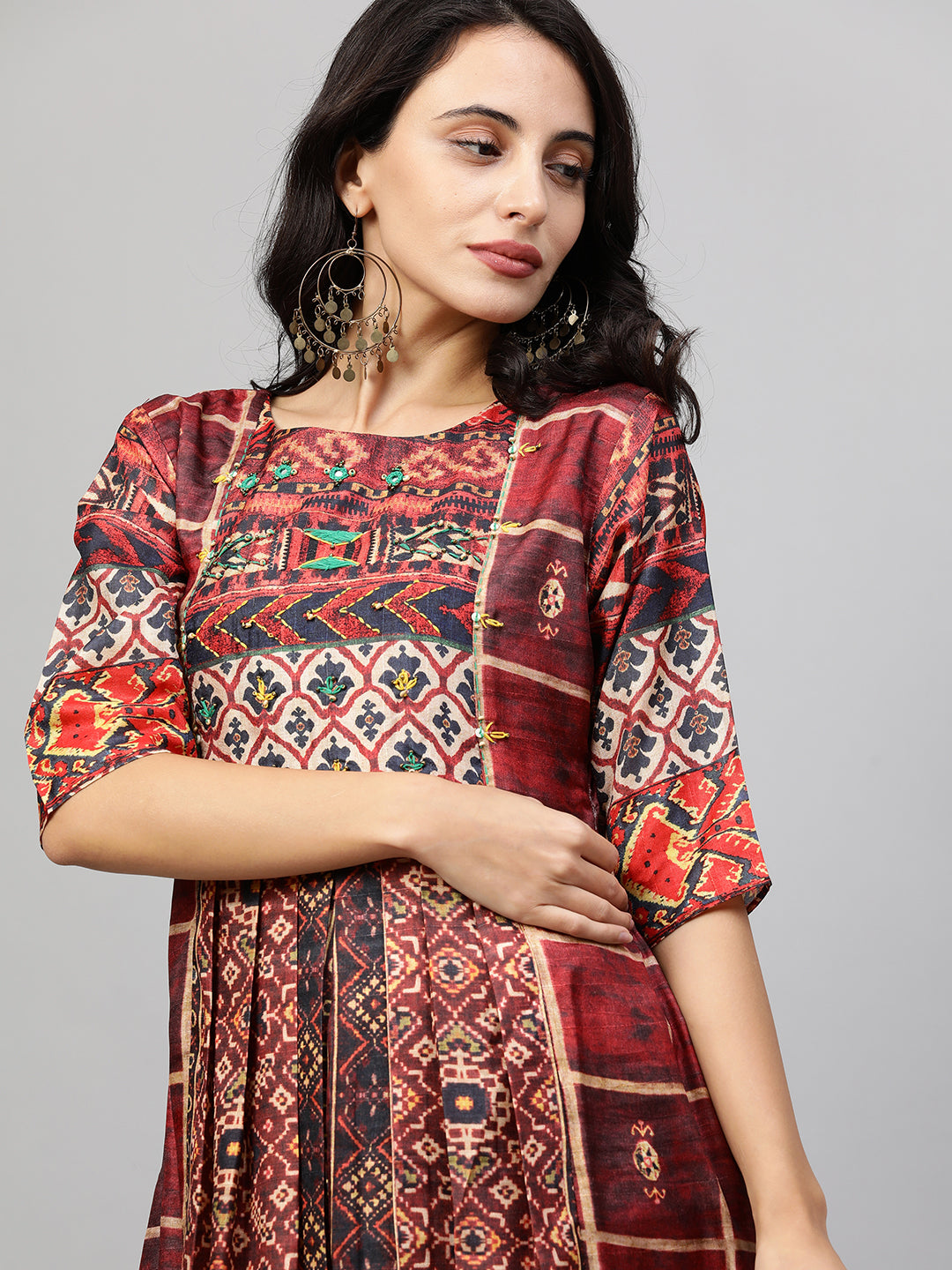 Ethnic Printed & Kantha Embroidered Maxi Dress - Maroon
