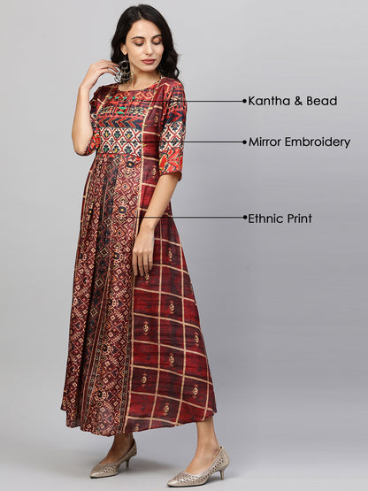 Ethnic Printed & Kantha Embroidered Maxi Dress - Maroon