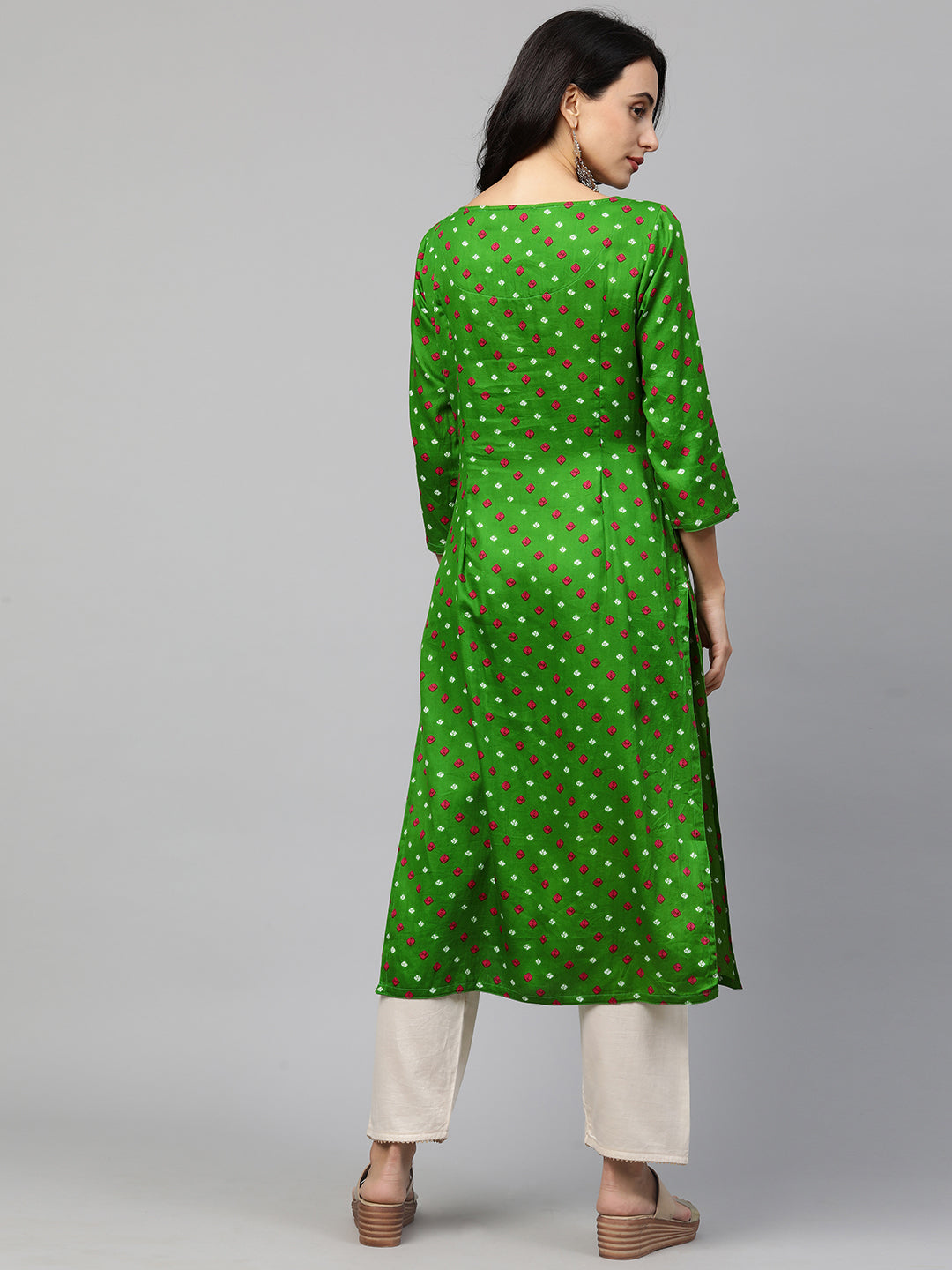 Bandhani & Floral Embroidered Straight Kurta - Green