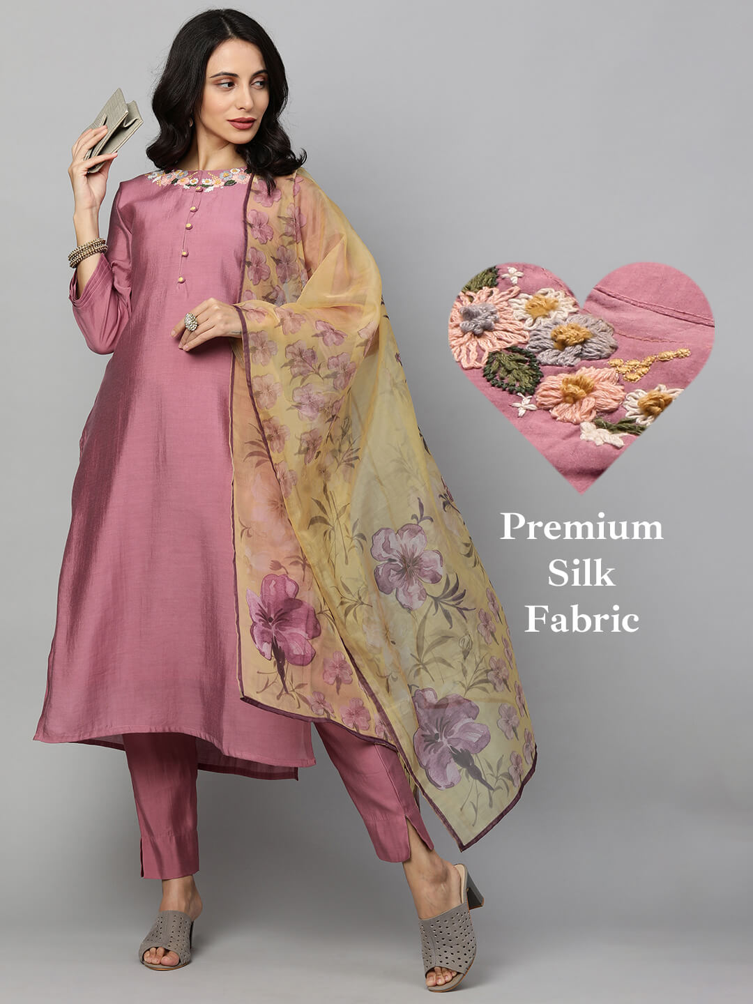Floral Embroidered Kurta with Pants and Floral Printed Dupatta - Mulberry