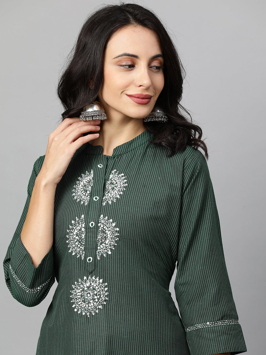 Striped & Embroidered Kurta with Ikat Dupatta - Dark Green