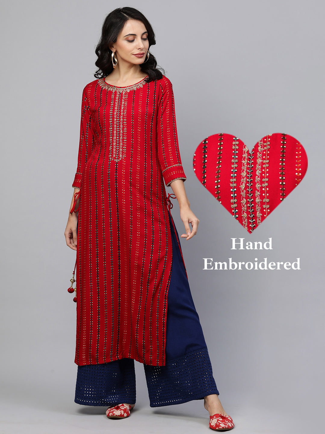 Ethnic Printed & Hand Embroidered Straight Kurta - Red