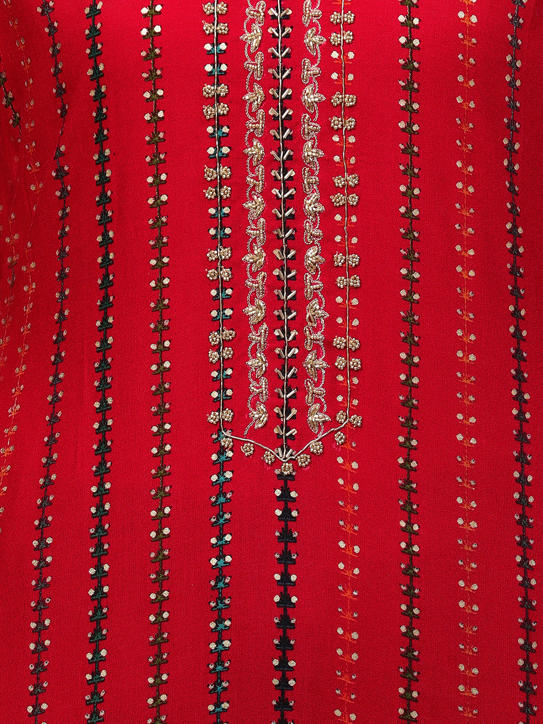 Ethnic Printed & Hand Embroidered Straight Kurta - Red