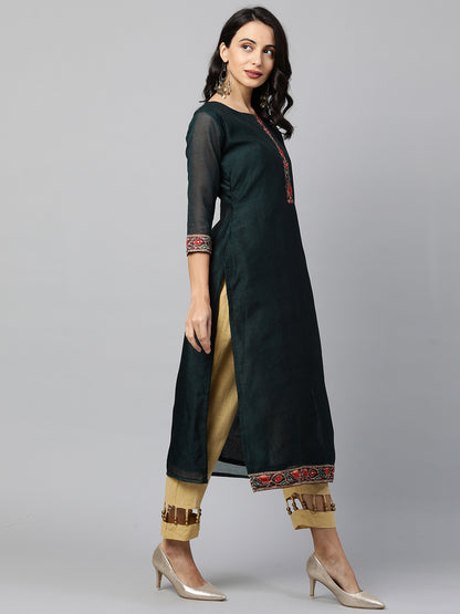 Kalamkari Printed Kurta and Dupatta with Kantha Work - Emerald Green