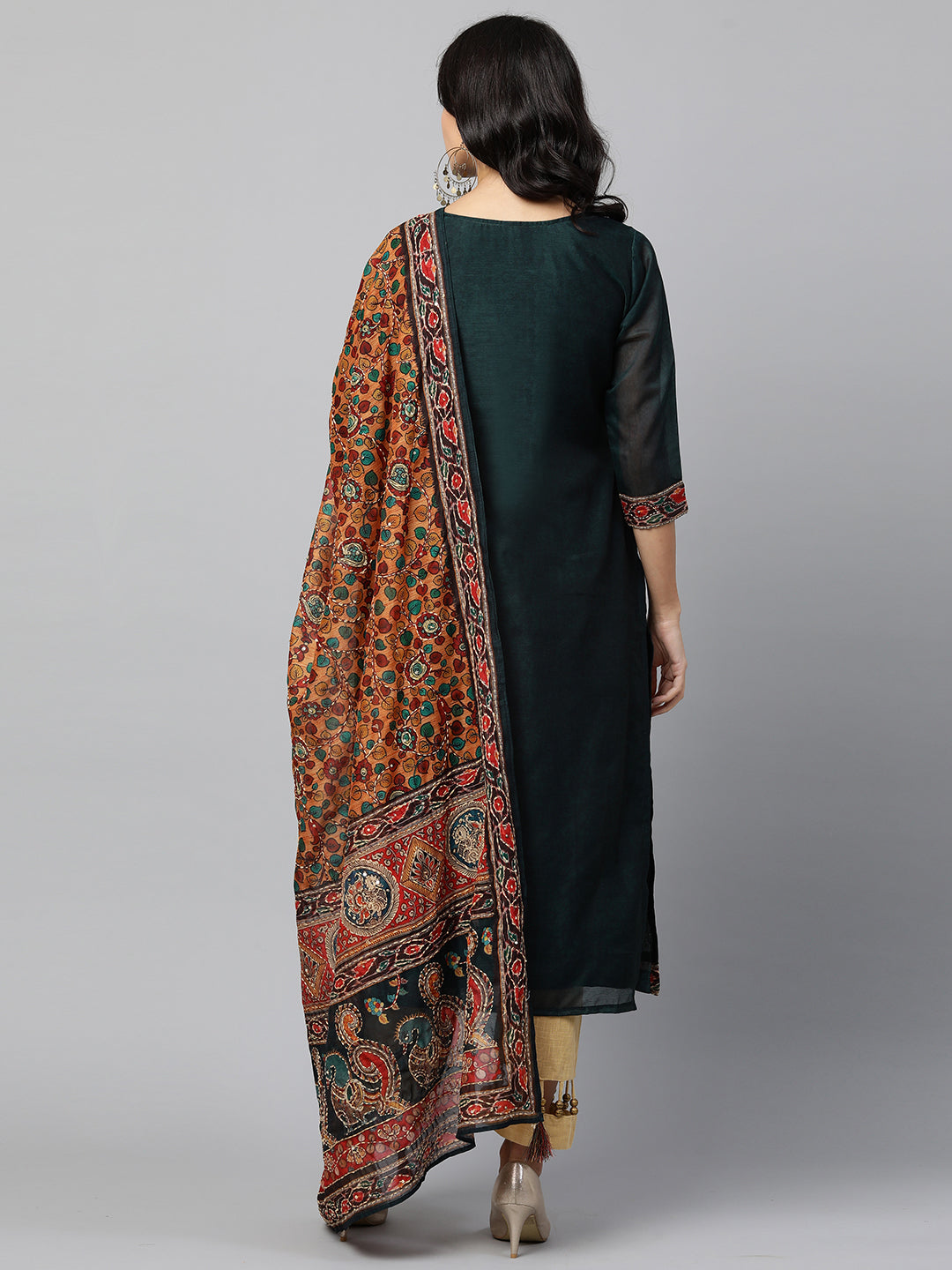 Kalamkari Printed Kurta and Dupatta with Kantha Work - Emerald Green