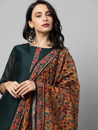 Kalamkari Printed Kurta and Dupatta with Kantha Work - Emerald Green